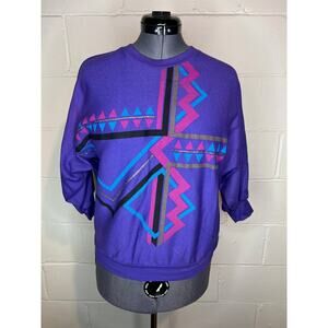 tshirt 3/4 sleeve batwing 1980s geometric purple pink blue
